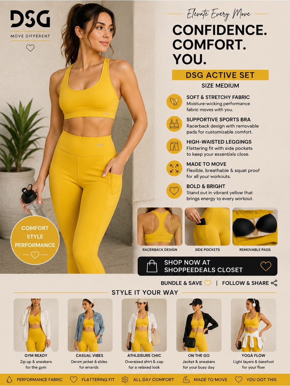 DSG Bright Yellow Sports Bra & High-Waisted Leggings Set